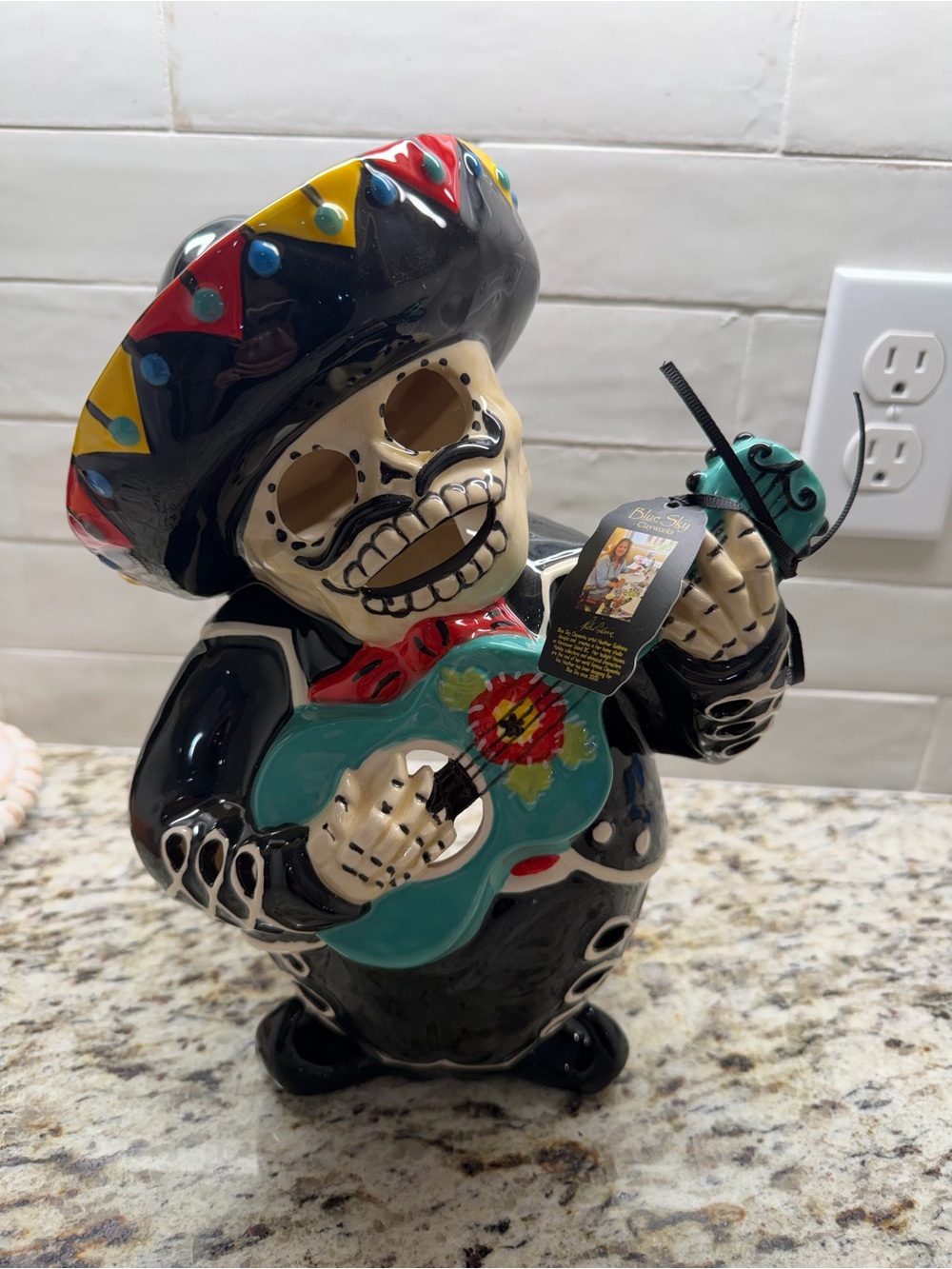 Blue Sky Black Day of the Dead Mariachi Skeleton Figurine with Teal Guitar